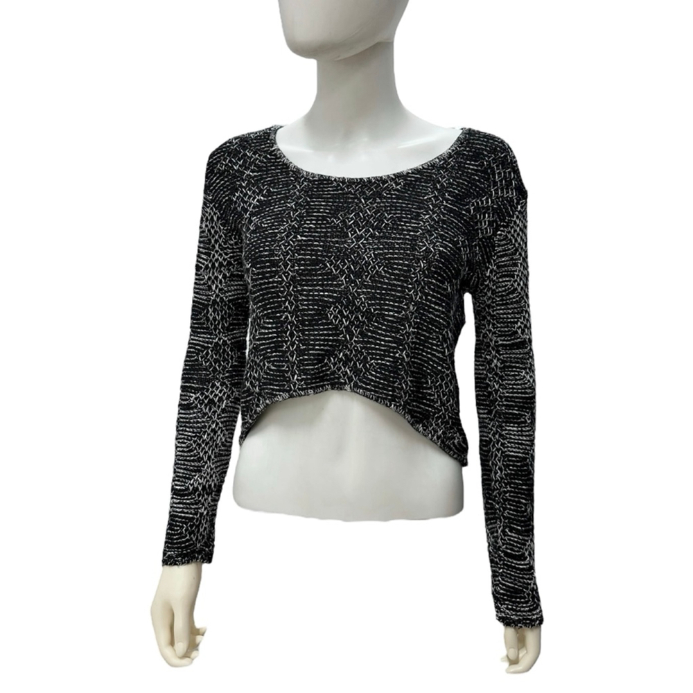 Charlotte Russe Black White Marled Knit Crop Top Long Sleeve Large